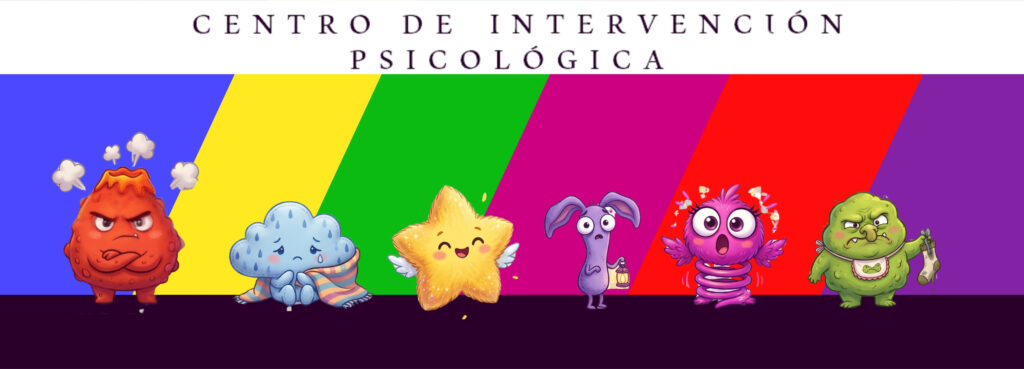 Banner for Centro de Intervención Psicológica with colorful diagonal stripes and six cheerful cartoon monsters