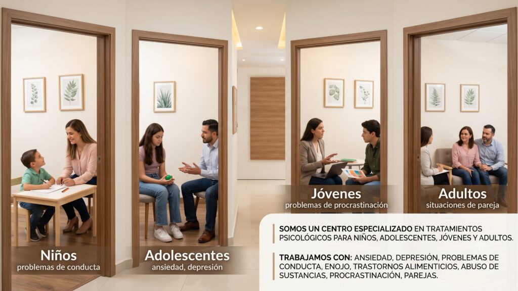 Clinic hallway with four glass-door counseling rooms; adults and teens discuss with therapists, with plant-art decor and Spanish labels like Niños, Adolescentes, Adultos on the glass.
